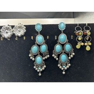 Lot Of 2 Pairs Of Turquoise Toned Earrings Mix Of Dangle And Two Hair Clips